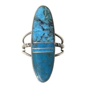 Navajo Sterling Silver Turquoise Inlay‎ Ring Harold Smith elongated large sz 7.5